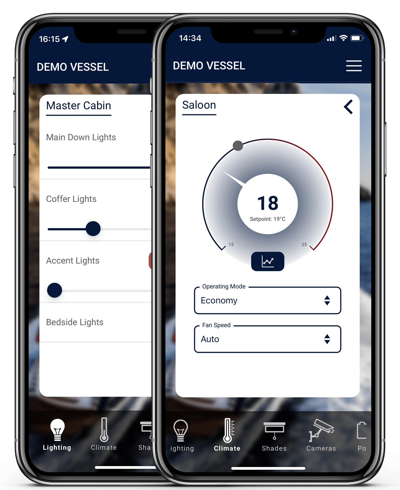 Two smartphones showing the LINK control interface for lighting and heating